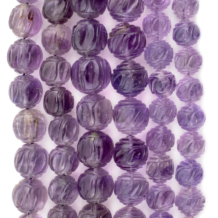 Round Carved Leaf Pattern Amethyst Beads (9-14mm) - The Bead Chest