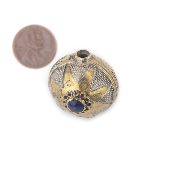 Blue Round Inlaid Afghani Brass Bead Pendant - The Bead Chest