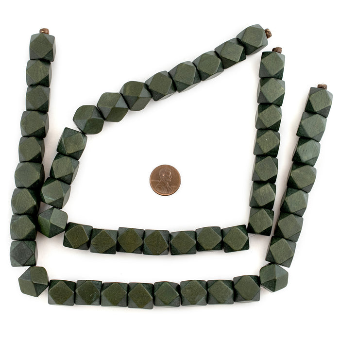 Olive Green Diamond Cut Natural Wood Beads (15mm) - The Bead Chest