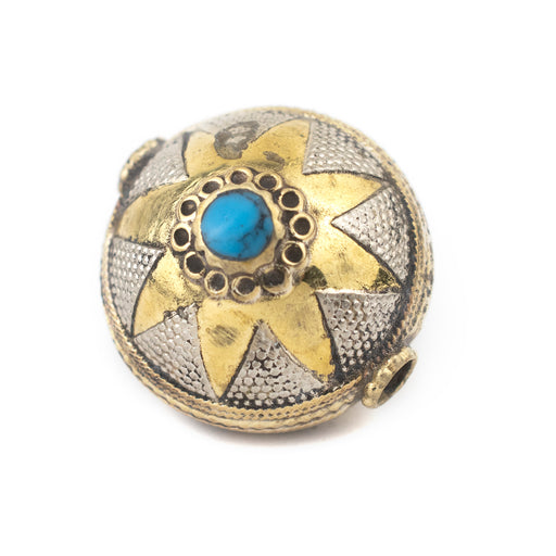 Turqouise Blue Inlaid Afghani Brass Bead Pendant (30x26mm) - The Bead Chest