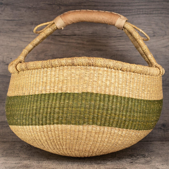 Ghanaian Bolga Basket, Striped Olive Green, Large Size - The Bead Chest