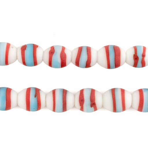 White & Red Striped Venetian-Style Glass Beads (11x9mm) - The Bead Chest