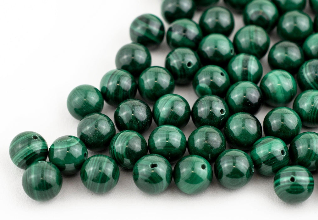 Half-Drilled Round Malachite Beads (10mm, Set of 80) - The Bead Chest
