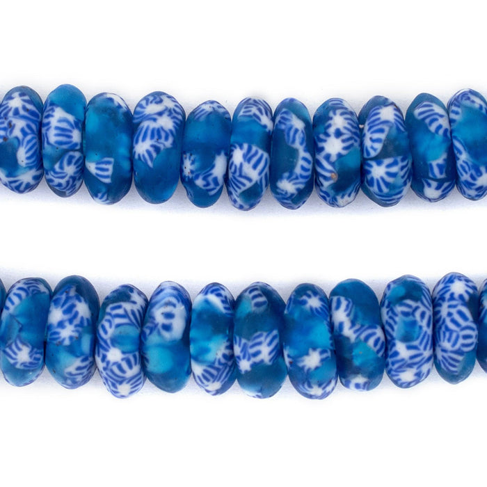 Translucent Blue & White Fused Rondelle Recycled Glass Beads (14mm) - The Bead Chest