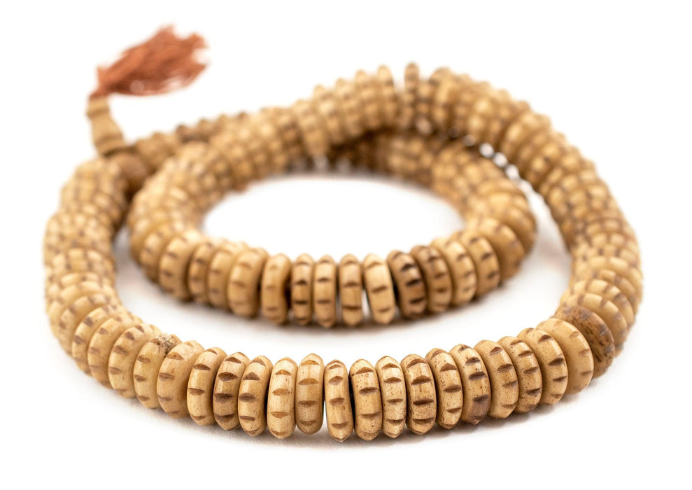 Light Brown Carved Disk Bone Mala Beads (14mm) - The Bead Chest