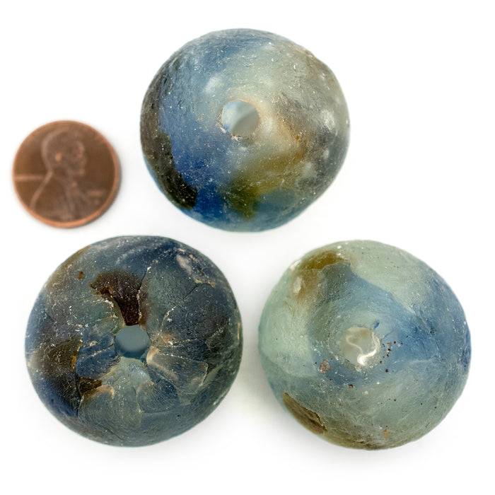 Super Jumbo Blue Brown Swirl Recycled Glass Bead (33mm) - The Bead Chest