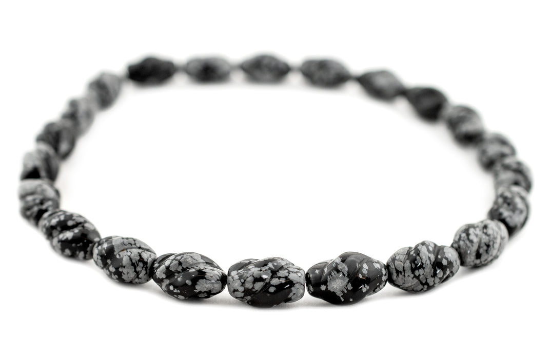 Carved Spiral Oval Snowflake Obsidian Beads (18x11mm) - The Bead Chest