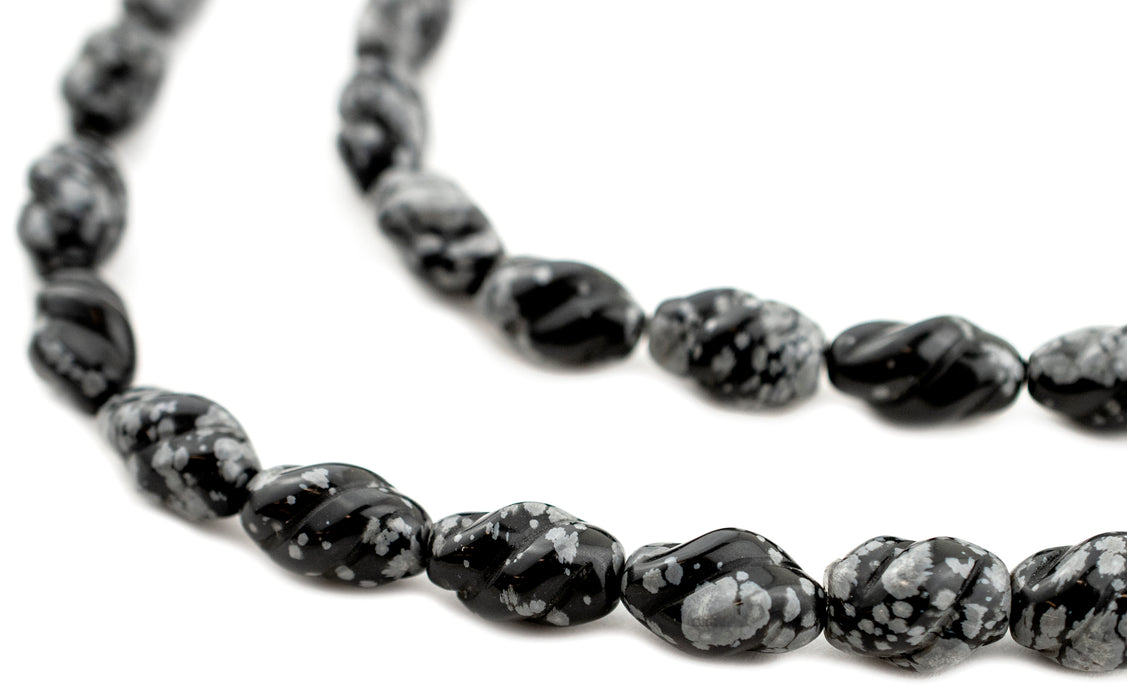 Carved Spiral Oval Snowflake Obsidian Beads (18x11mm) - The Bead Chest