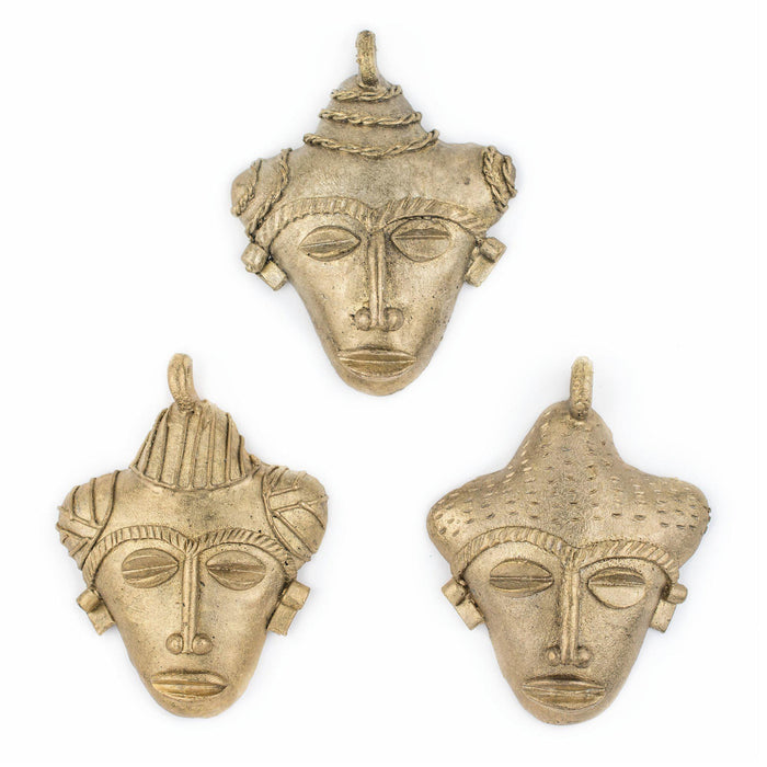 African Traditional Brass Mask Pendant (82x64mm) - The Bead Chest