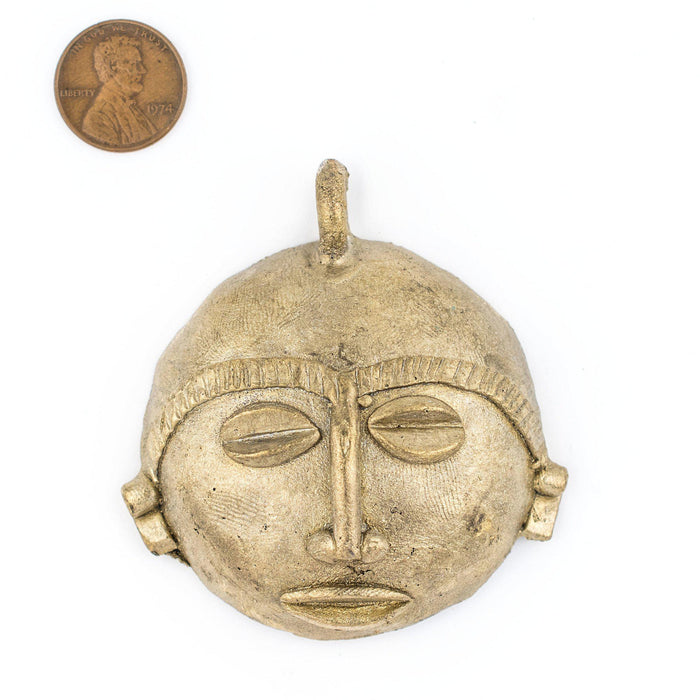 African Round Brass Mask Pendant (65x65mm) - The Bead Chest