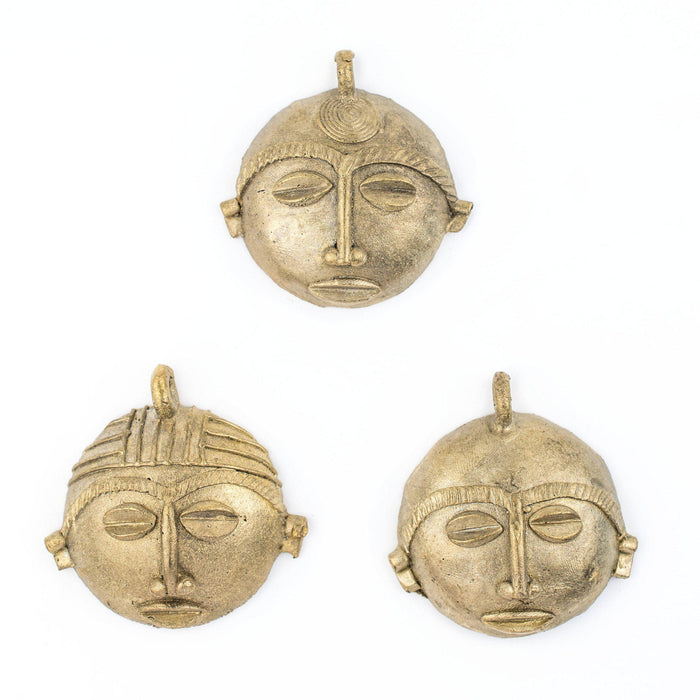 African Round Brass Mask Pendant (65x65mm) - The Bead Chest