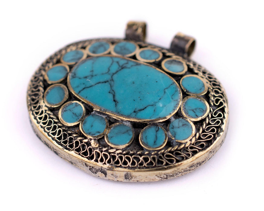 Turquoise Blue Oval Inlaid Afghani Silver Pendant (50x48mm) - The Bead Chest