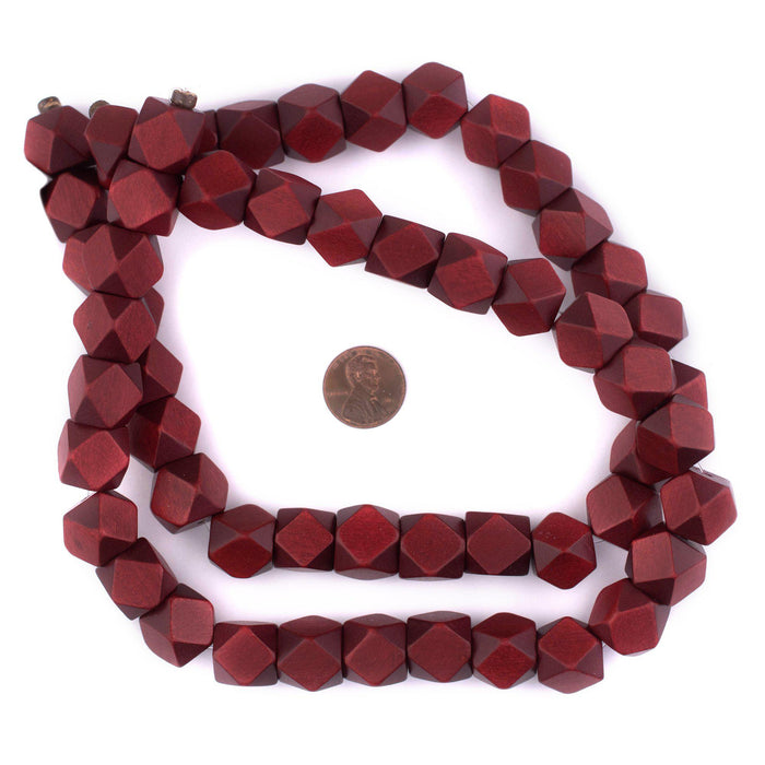 Cherry Red Diamond Cut Natural Wood Beads (15mm) - The Bead Chest